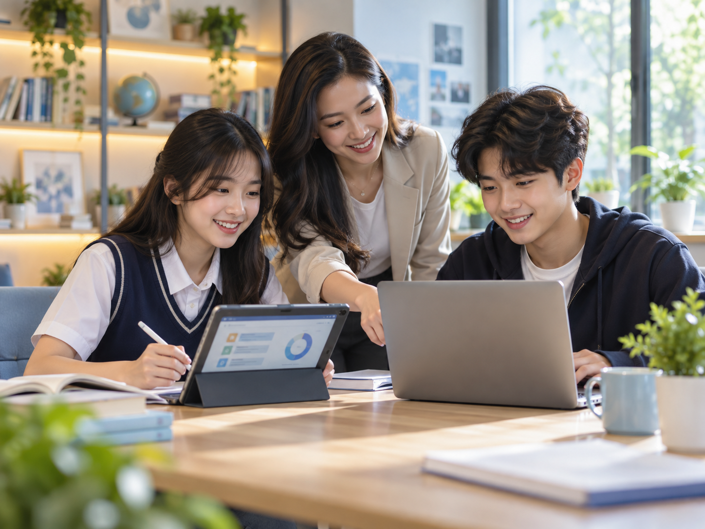 Minh họa AI: giáo viên hướng dẫn hai học sinh học tập trên laptop và máy tính bảng